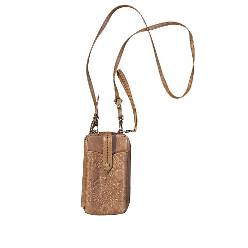 The Sak Silverlake Smartphone Crossbody Tan Leather Floral Embossed Wallet Bag - Picture 4 of 14
